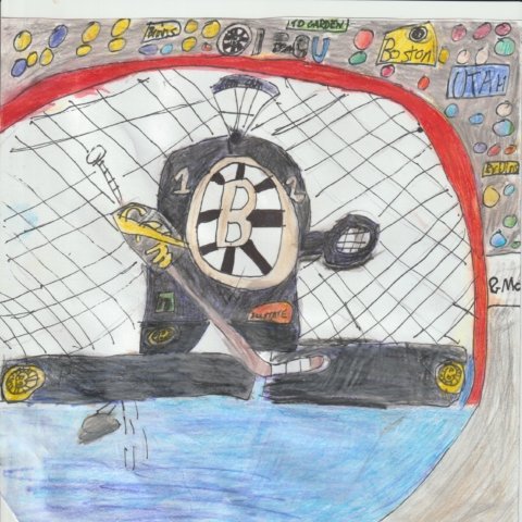 Swayman in net, Waltham MA, age 8