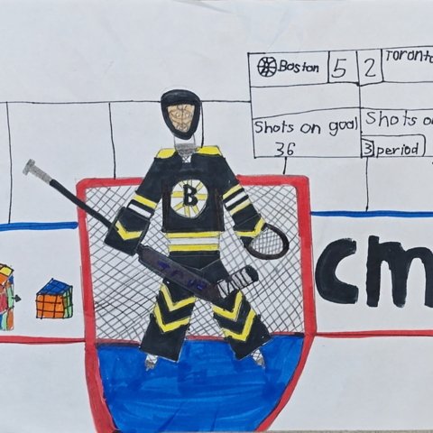 “Jeremy Swayman Stands Tall” by Teddy Strock, Age 8 (Windham, NH)