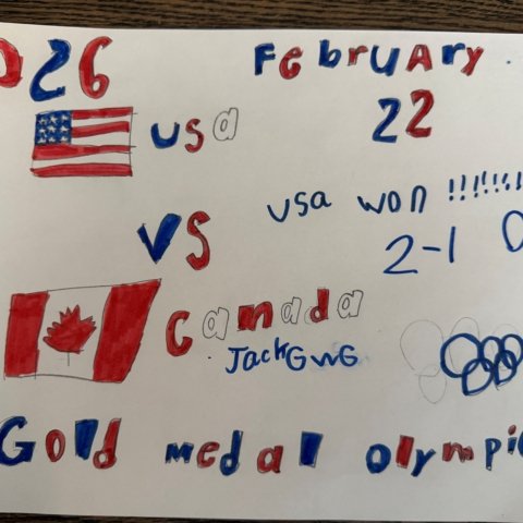 2026 Olympics – Mens Gold Medal Game, drawn by Brennan Beckman, Randolph NJ, age 8