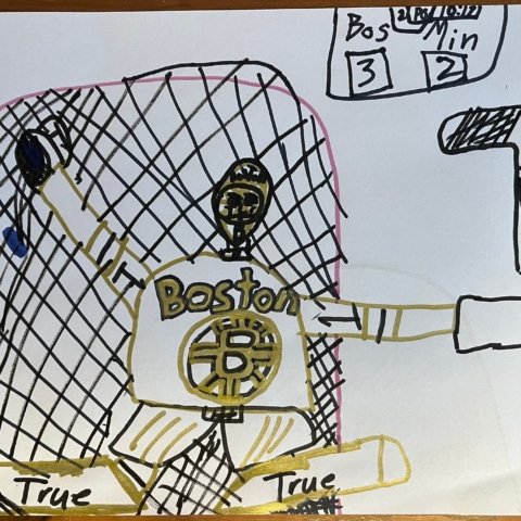 Swayman makes a save against Minnesota, Nolan, Eastham MA, age 8